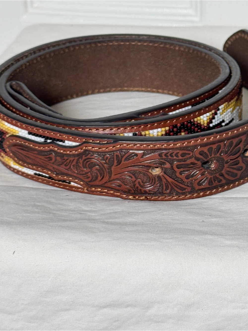Nocona Beaded Aztec Western Leather Belt Strap Size 42 NO BUCKLE